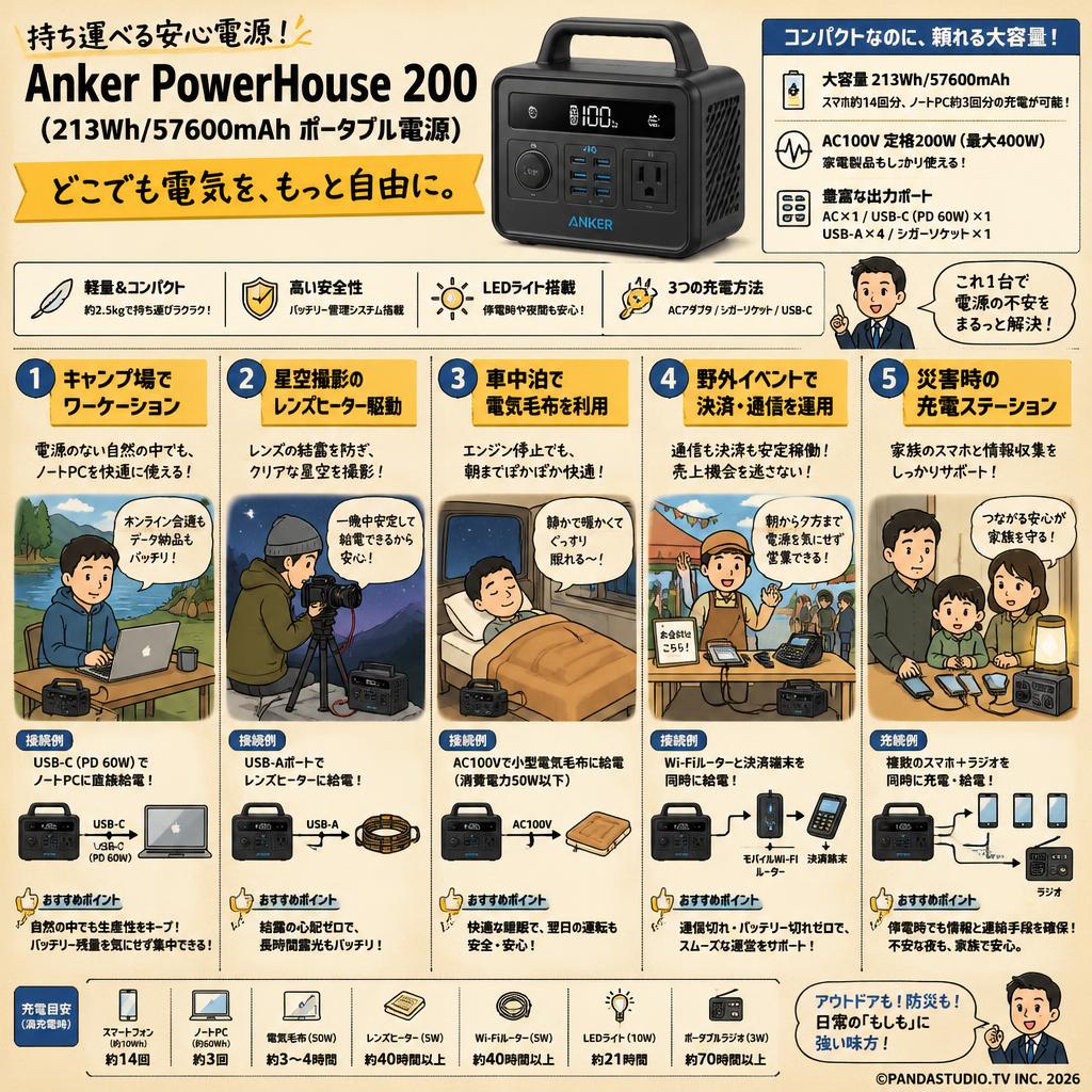 Anker PowerHouse 200 (213Wh/57600mAh ポータブル電源) 用途