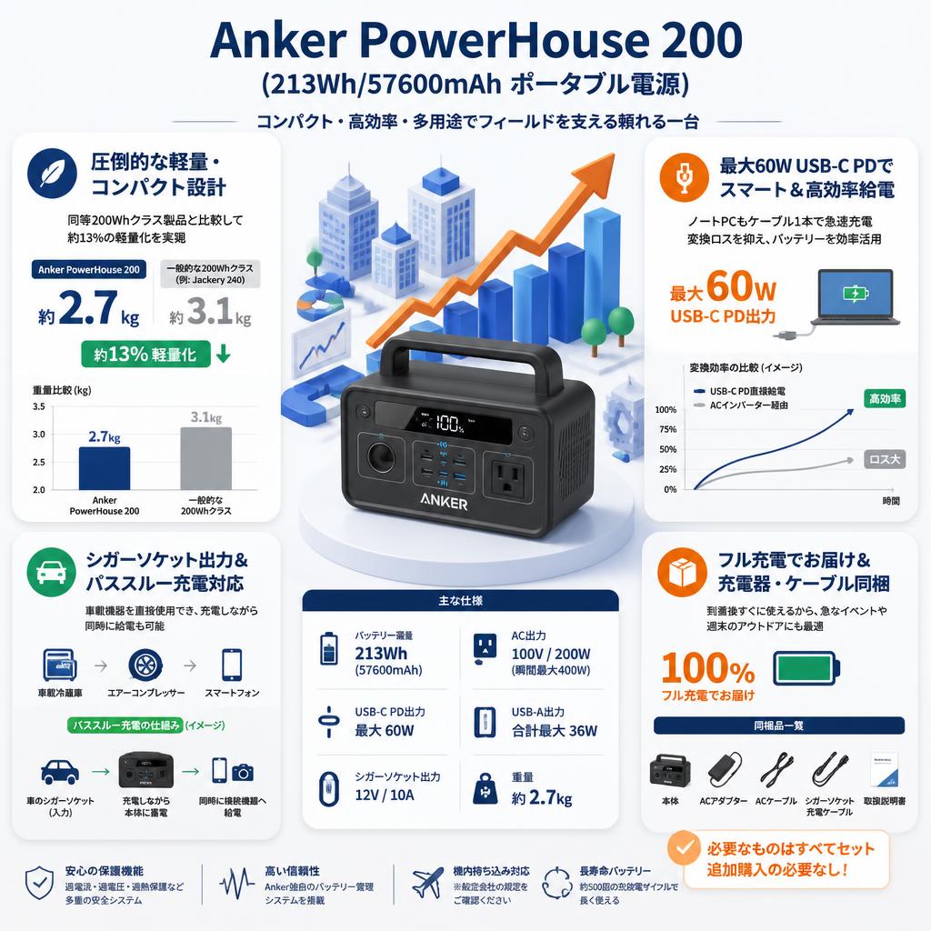 Anker PowerHouse 200 (213Wh/57600mAh ポータブル電源) セールスポイント