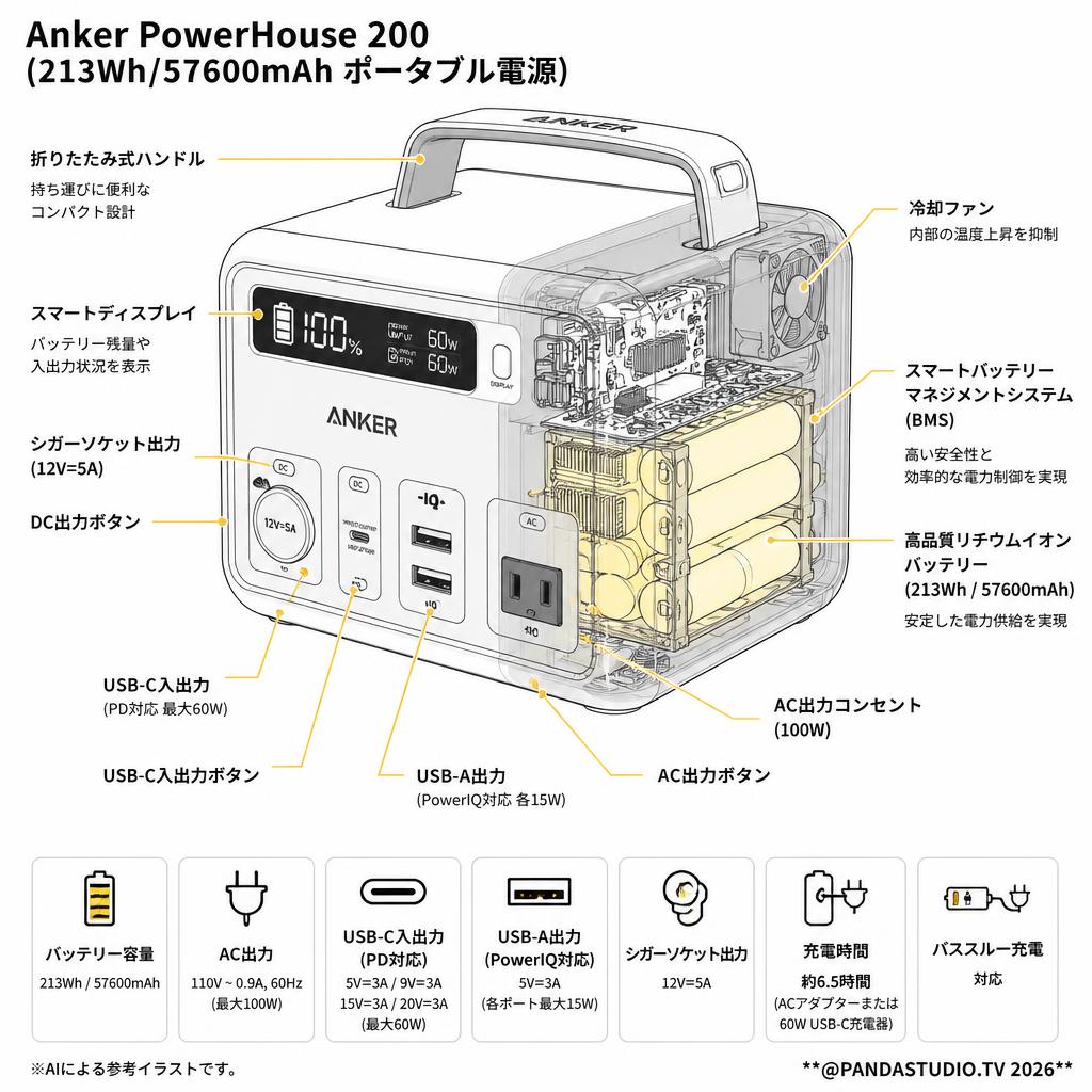 Anker PowerHouse 200 (213Wh/57600mAh ポータブル電源) スペック
