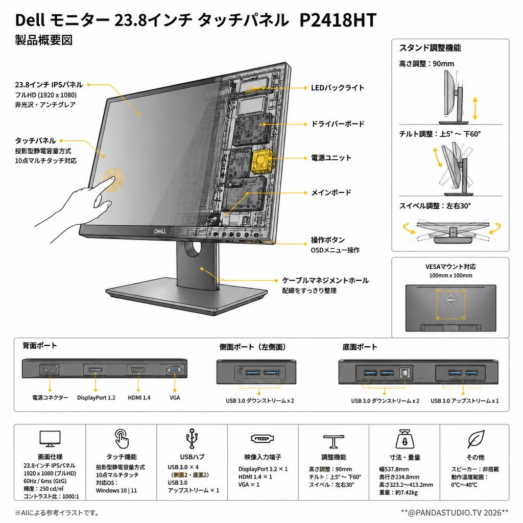 Dell モニター 23.8インチ タッチパネル  P2418HT スペック
