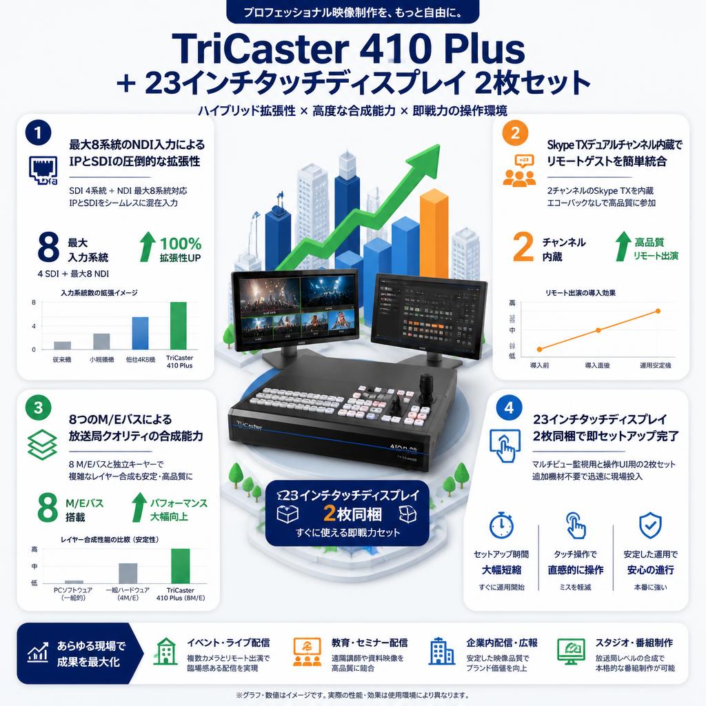 TriCaster 410 Plus ＋ 23インチタッチディスプレイ 2枚セット セールスポイント