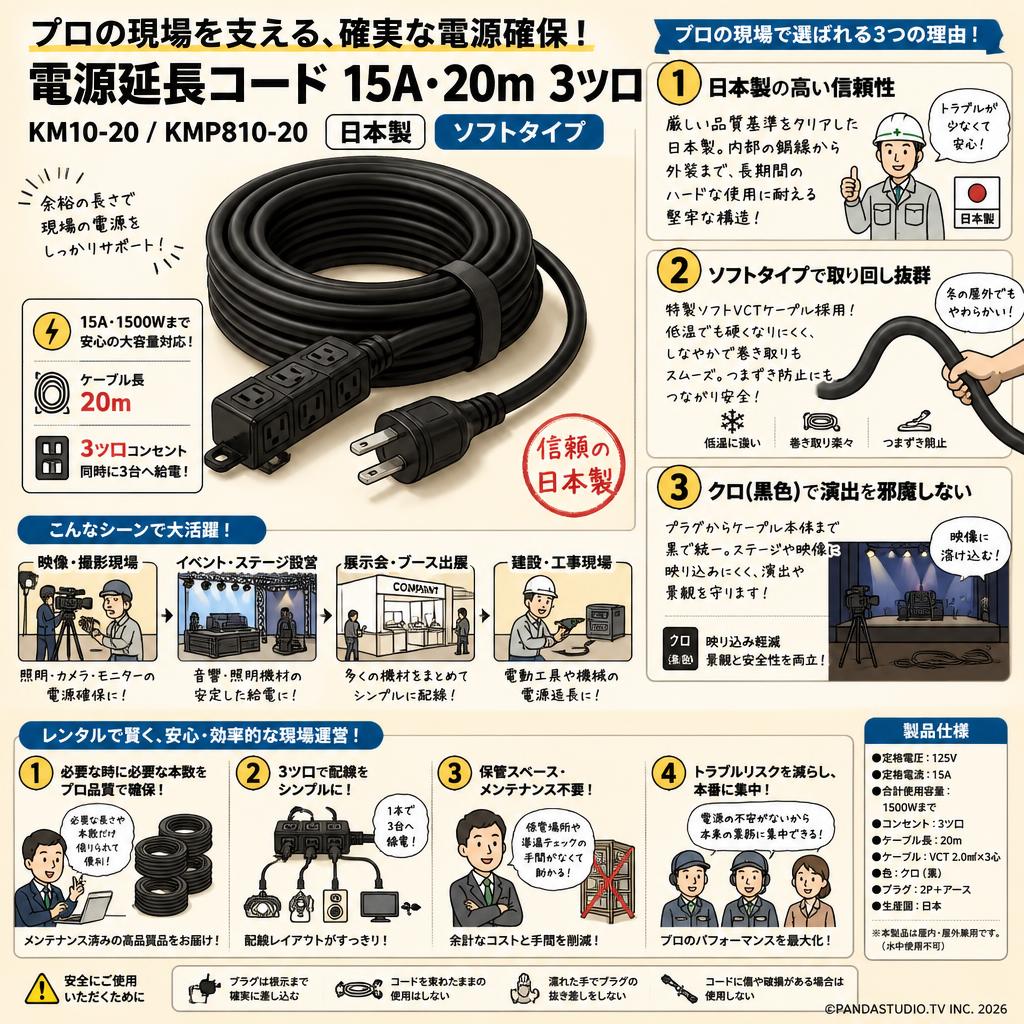 電源延長コード 15A・20m 3ツ口 クロ KM10-20 / KMP810-20 日本製 ソフトタイプ 概要