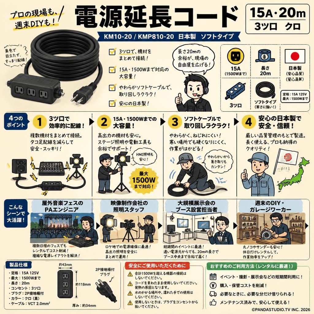 電源延長コード 15A・20m 3ツ口 クロ KM10-20 / KMP810-20 日本製 ソフトタイプ おもな対象のお客様