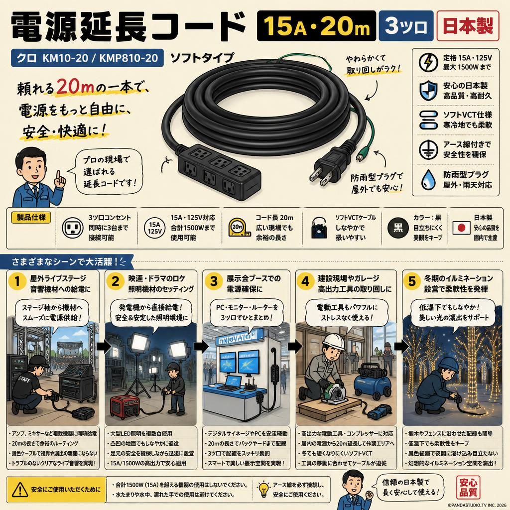 電源延長コード 15A・20m 3ツ口 クロ KM10-20 / KMP810-20 日本製 ソフトタイプ 用途