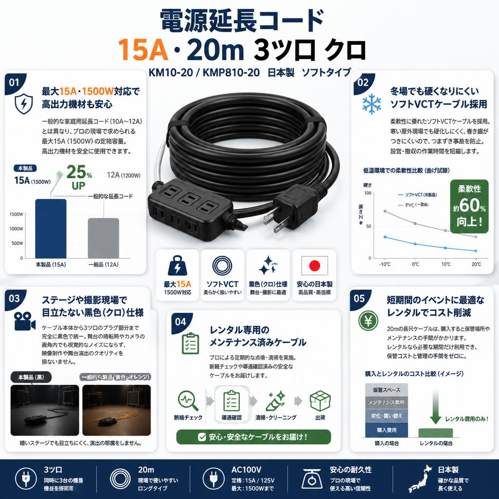 電源延長コード 15A・20m 3ツ口 クロ KM10-20 / KMP810-20 日本製 ソフトタイプ セールスポイント
