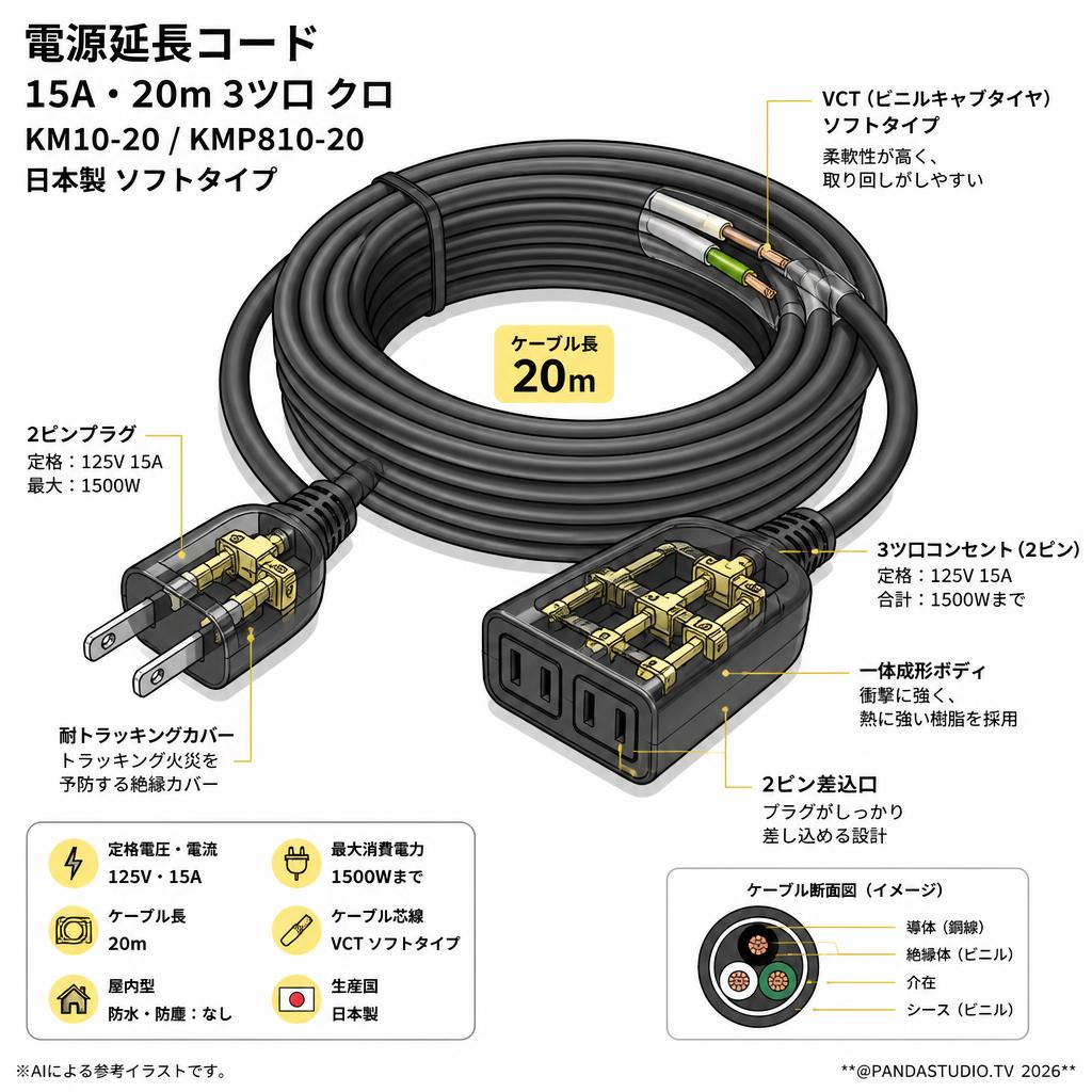 電源延長コード 15A・20m 3ツ口 クロ KM10-20 / KMP810-20 日本製 ソフトタイプ スペック