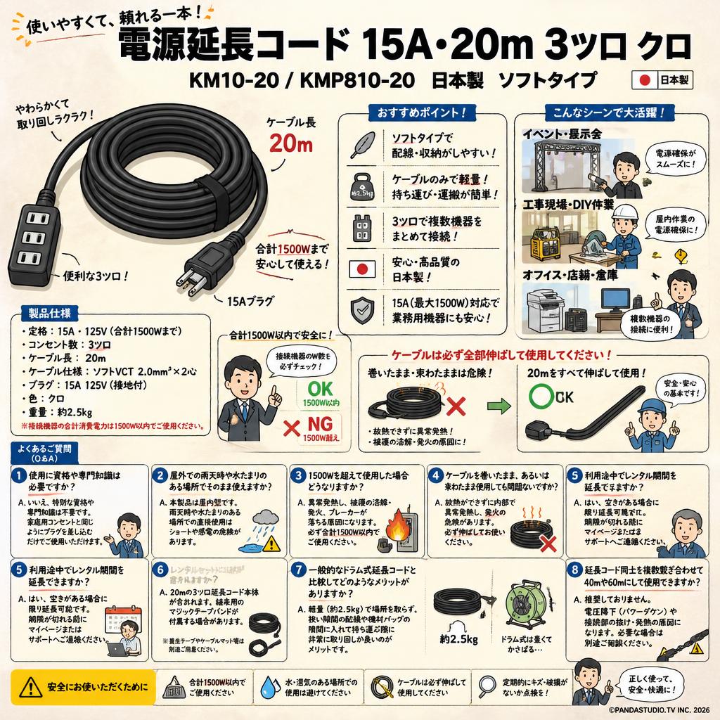 電源延長コード 15A・20m 3ツ口 クロ KM10-20 / KMP810-20 日本製 ソフトタイプ FAQ（よくある質問と答え）