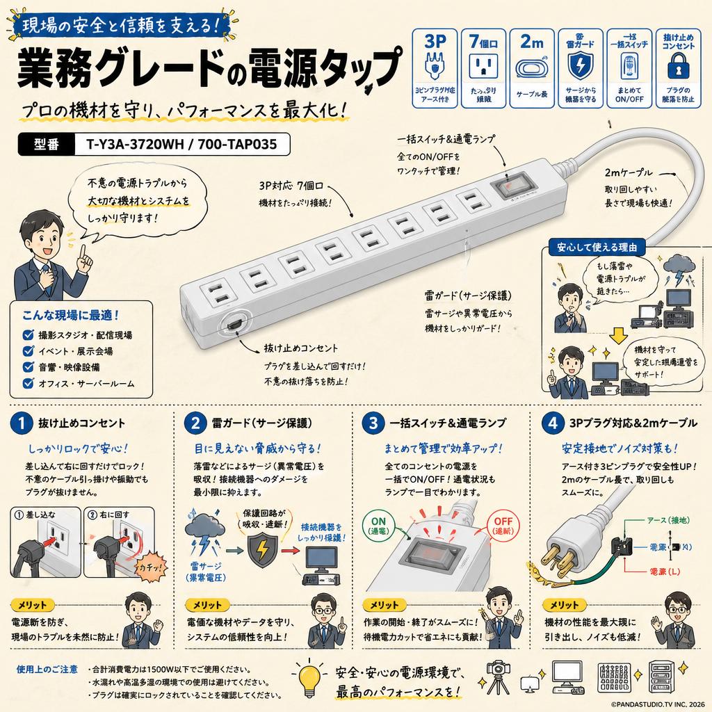 電源タップ 【3P 7個口 2m  雷ガード 一括スイッチ 抜け止めコンセント】T-Y3A-3720WH / 700-TAP035 概要