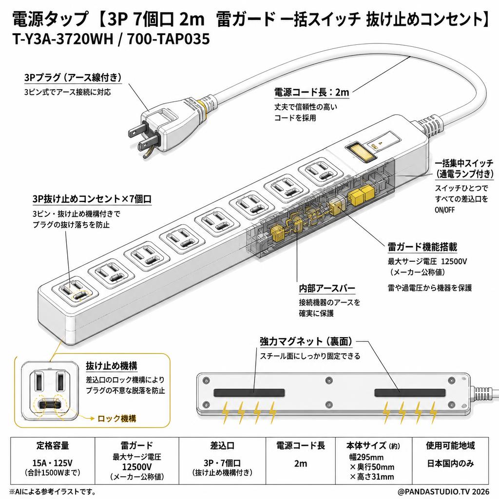 電源タップ 【3P 7個口 2m  雷ガード 一括スイッチ 抜け止めコンセント】T-Y3A-3720WH / 700-TAP035 スペック