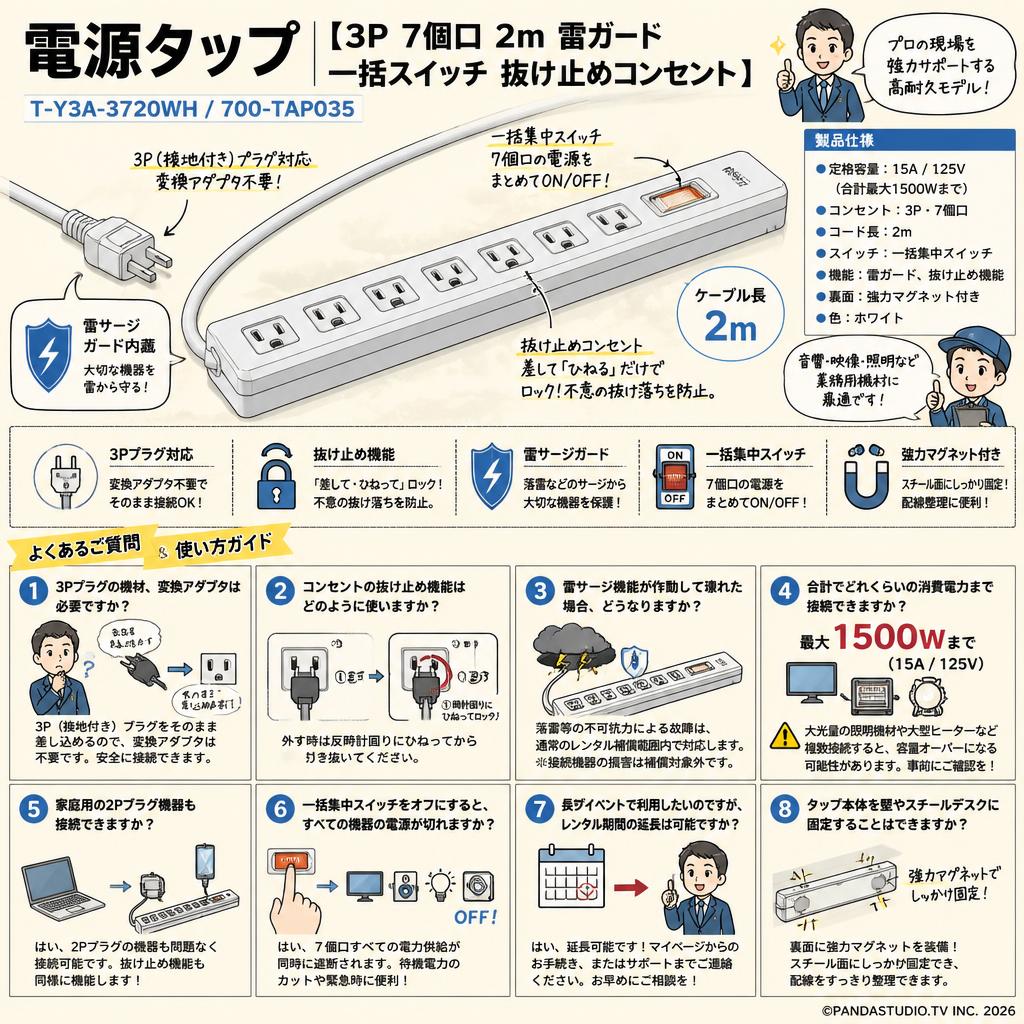電源タップ 【3P 7個口 2m  雷ガード 一括スイッチ 抜け止めコンセント】T-Y3A-3720WH / 700-TAP035 FAQ（よくある質問と答え）