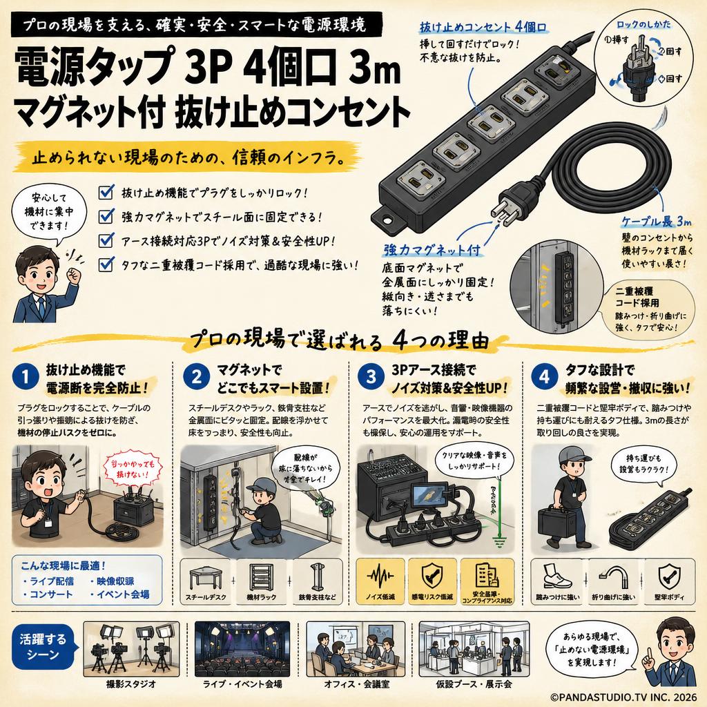 電源タップ 3P 4個口 3m マグネット付 抜け止めコンセント 概要