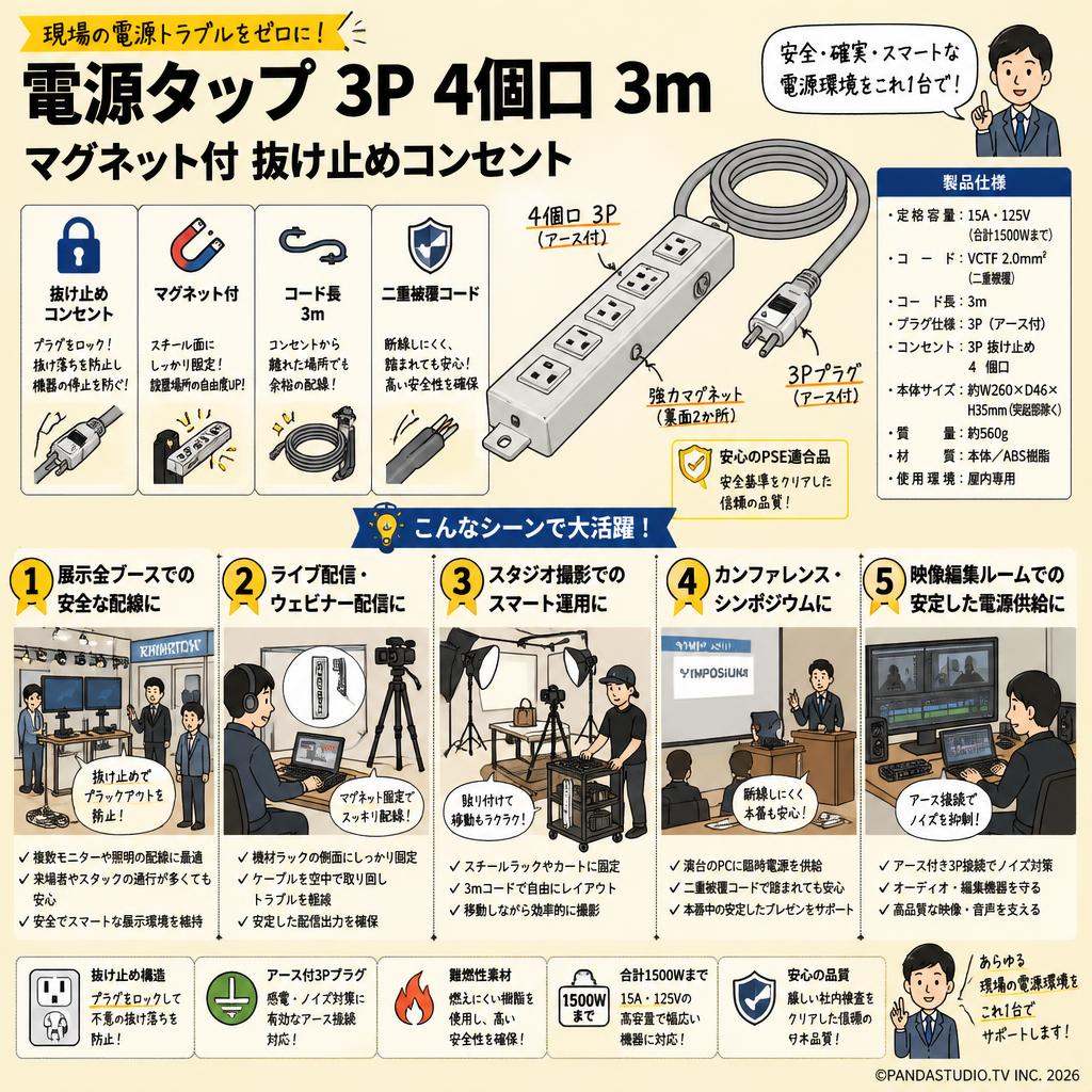 電源タップ 3P 4個口 3m マグネット付 抜け止めコンセント 用途