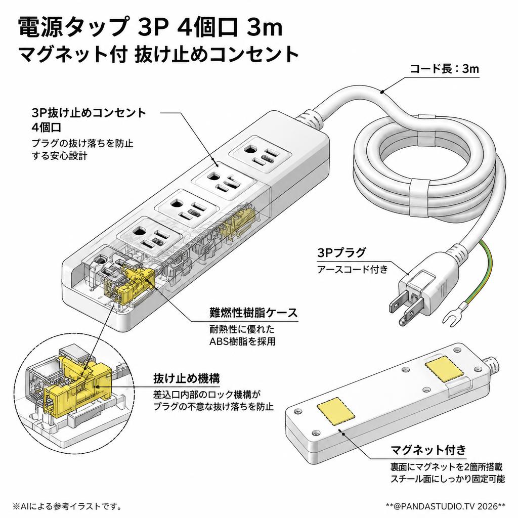電源タップ 3P 4個口 3m マグネット付 抜け止めコンセント スペック