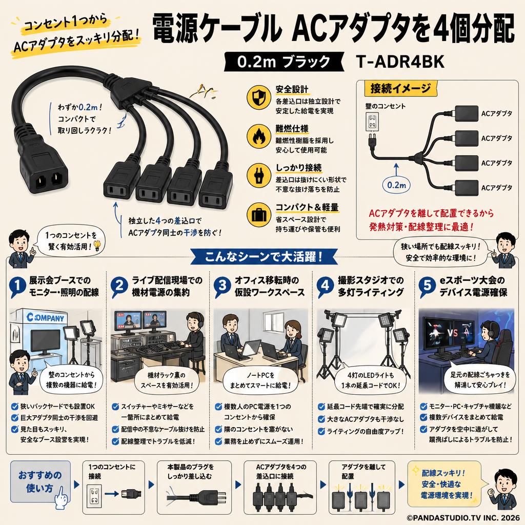 電源ケーブル ACアダプタを4個分配 0.2m ブラック T-ADR4BK 用途