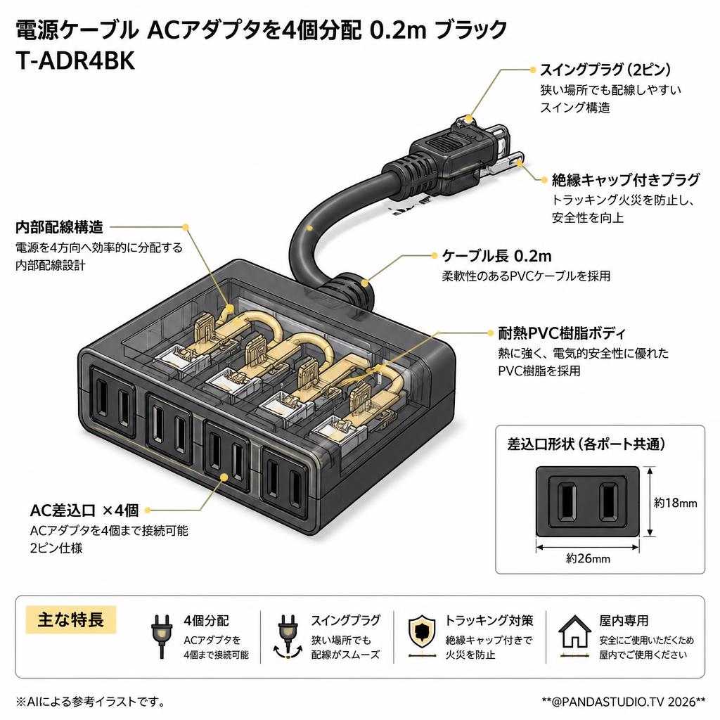 電源ケーブル ACアダプタを4個分配 0.2m ブラック T-ADR4BK スペック
