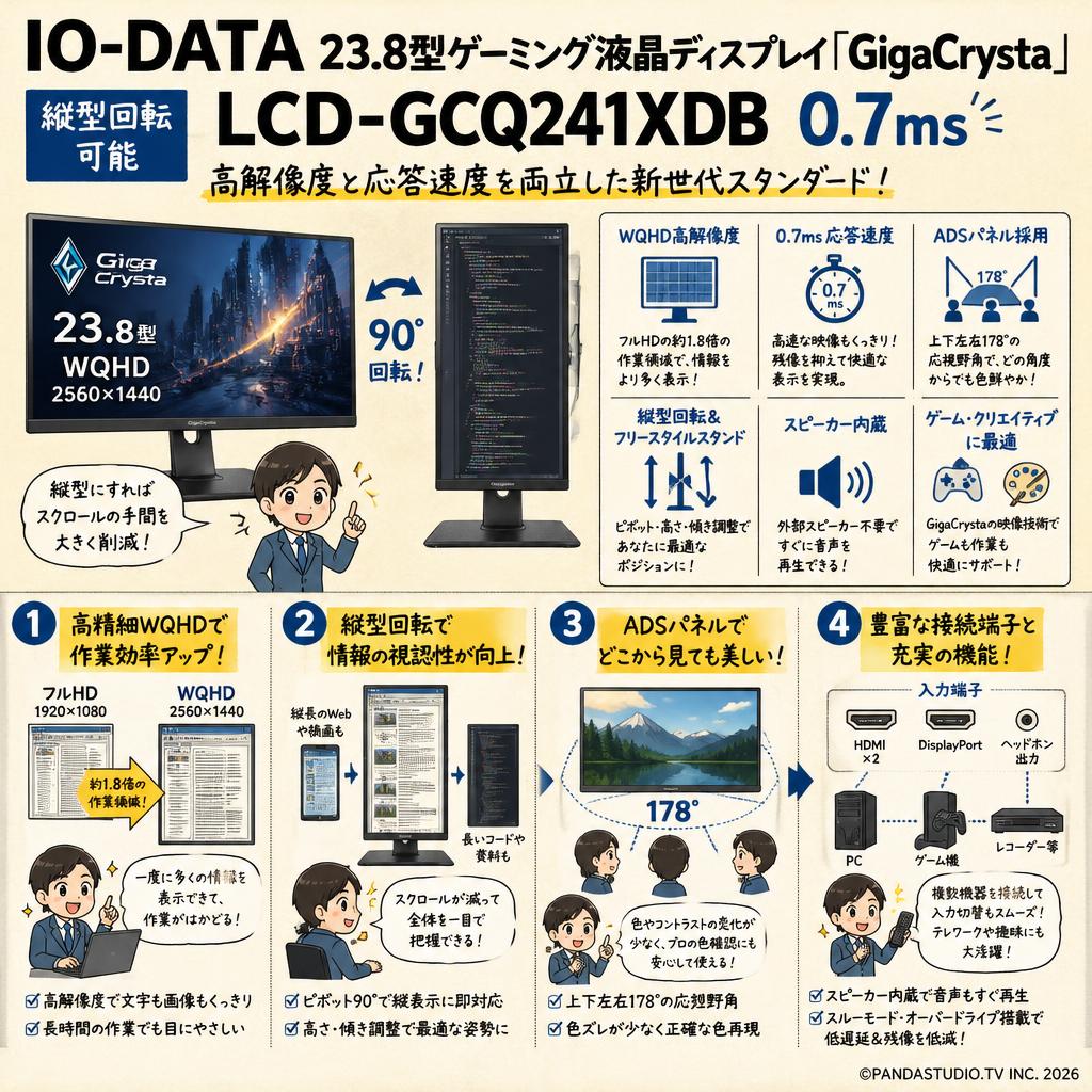 IO-DATA 23.8型ゲーミング液晶ディスプレイ「GigaCrysta」縦型回転可能 LCD-GCQ241XDB 0.7ms 概要