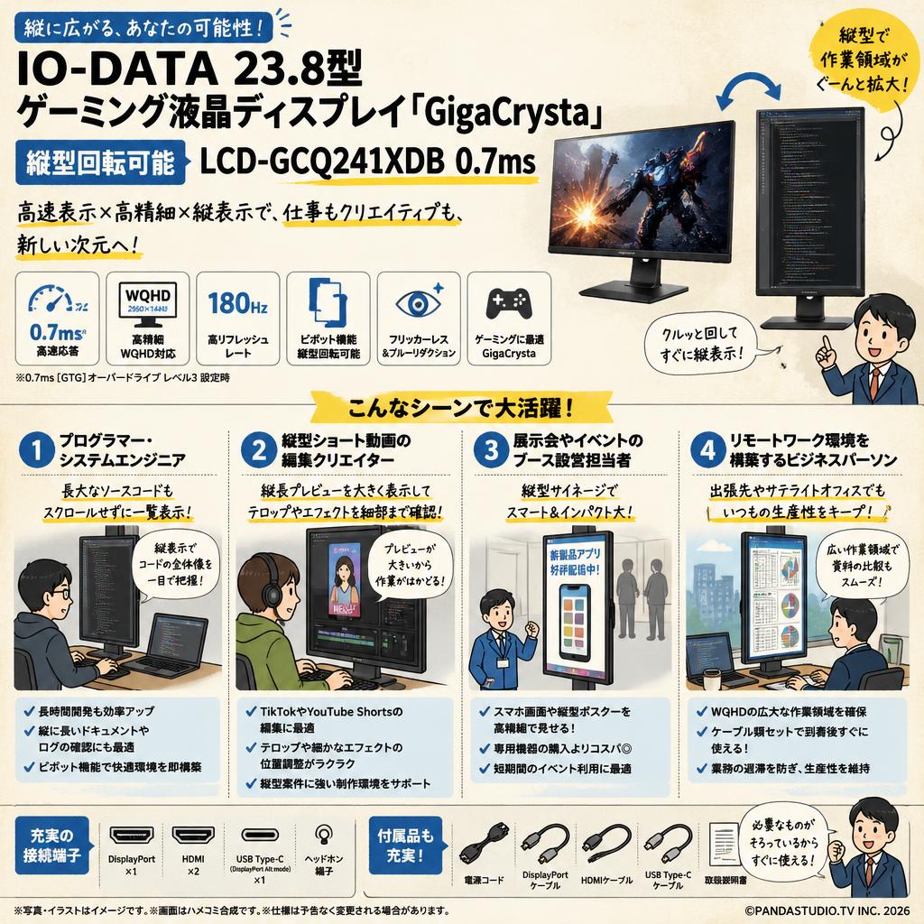 IO-DATA 23.8型ゲーミング液晶ディスプレイ「GigaCrysta」縦型回転可能 LCD-GCQ241XDB 0.7ms おもな対象のお客様