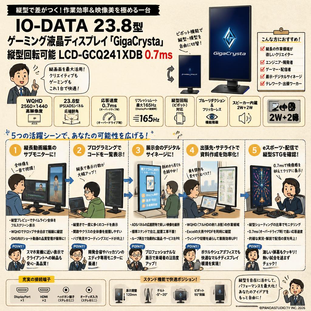 IO-DATA 23.8型ゲーミング液晶ディスプレイ「GigaCrysta」縦型回転可能 LCD-GCQ241XDB 0.7ms 用途