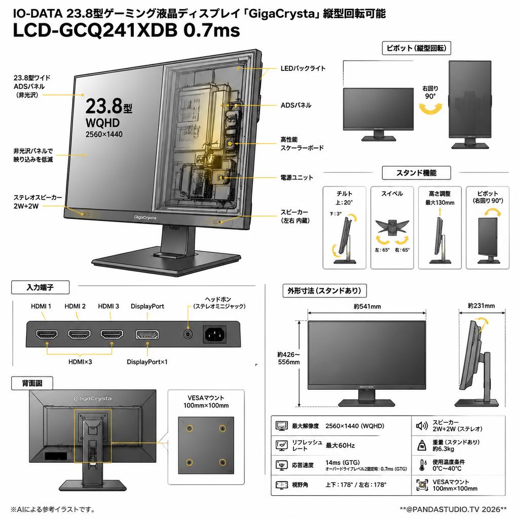 IO-DATA 23.8型ゲーミング液晶ディスプレイ「GigaCrysta」縦型回転可能 LCD-GCQ241XDB 0.7ms スペック