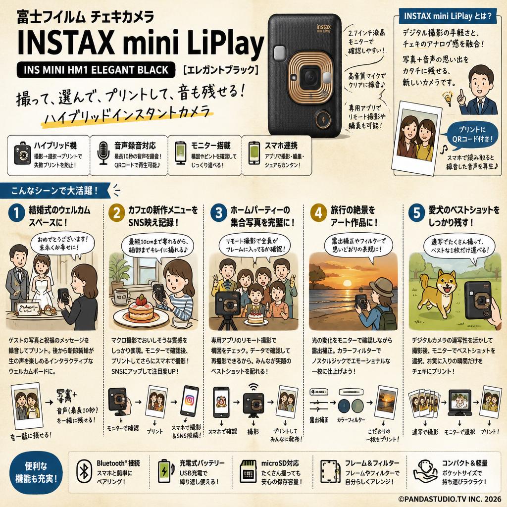 富士フイルム チェキカメラ INS MINI HM1 ELEGANT BLACK [ハイブリッドインスタントカメラ instax mini LiPlay エレガントブラック] 用途