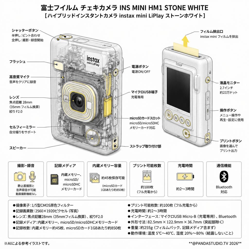 富士フイルム チェキカメラ INS MINI HM1 STONE WHITE [ハイブリッドインスタントカメラ instax mini LiPlay ストーンホワイト] スペック