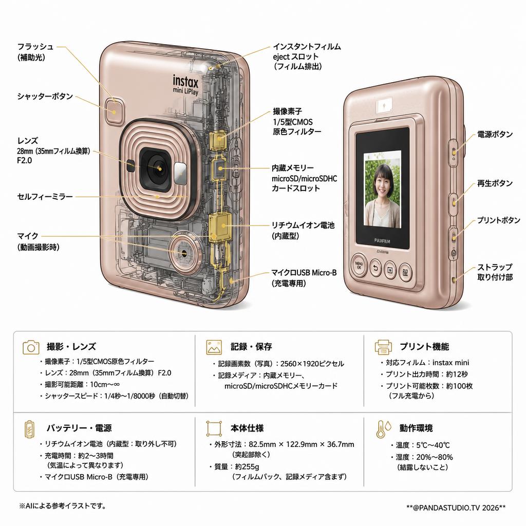 富士フイルム チェキカメラ INS MINI HM1 BLUSH GOLD [ハイブリッドインスタントカメラ instax mini LiPlay ブラッシュゴールド] スペック