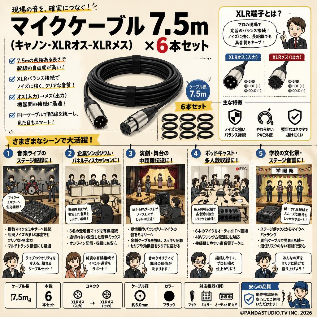 マイクケーブル 7.5m（キャノン・XLRオス-XLRメス）×6本セット 用途