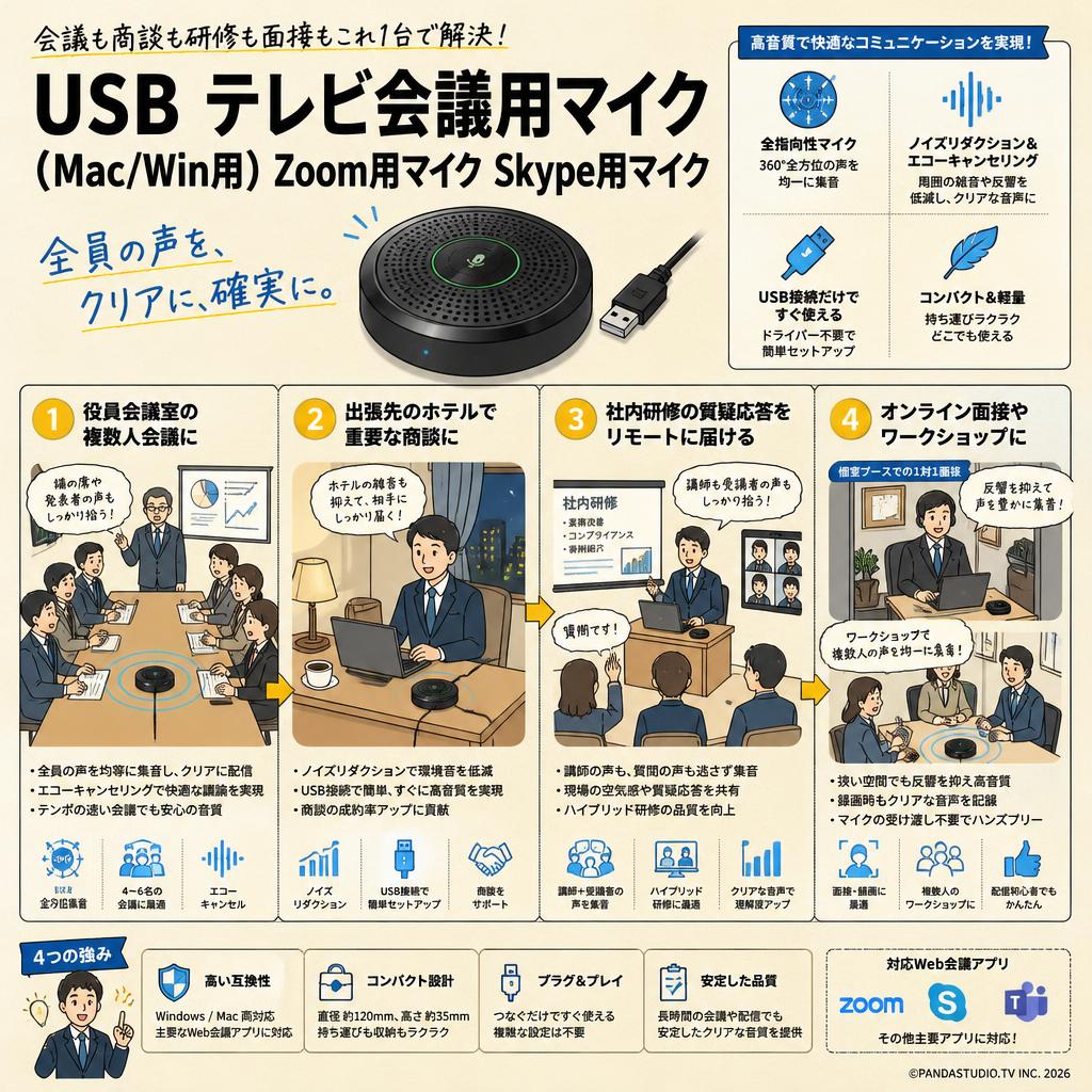 USB テレビ会議用マイク（Mac/Win用）Zoom用マイク Skype用マイク 用途