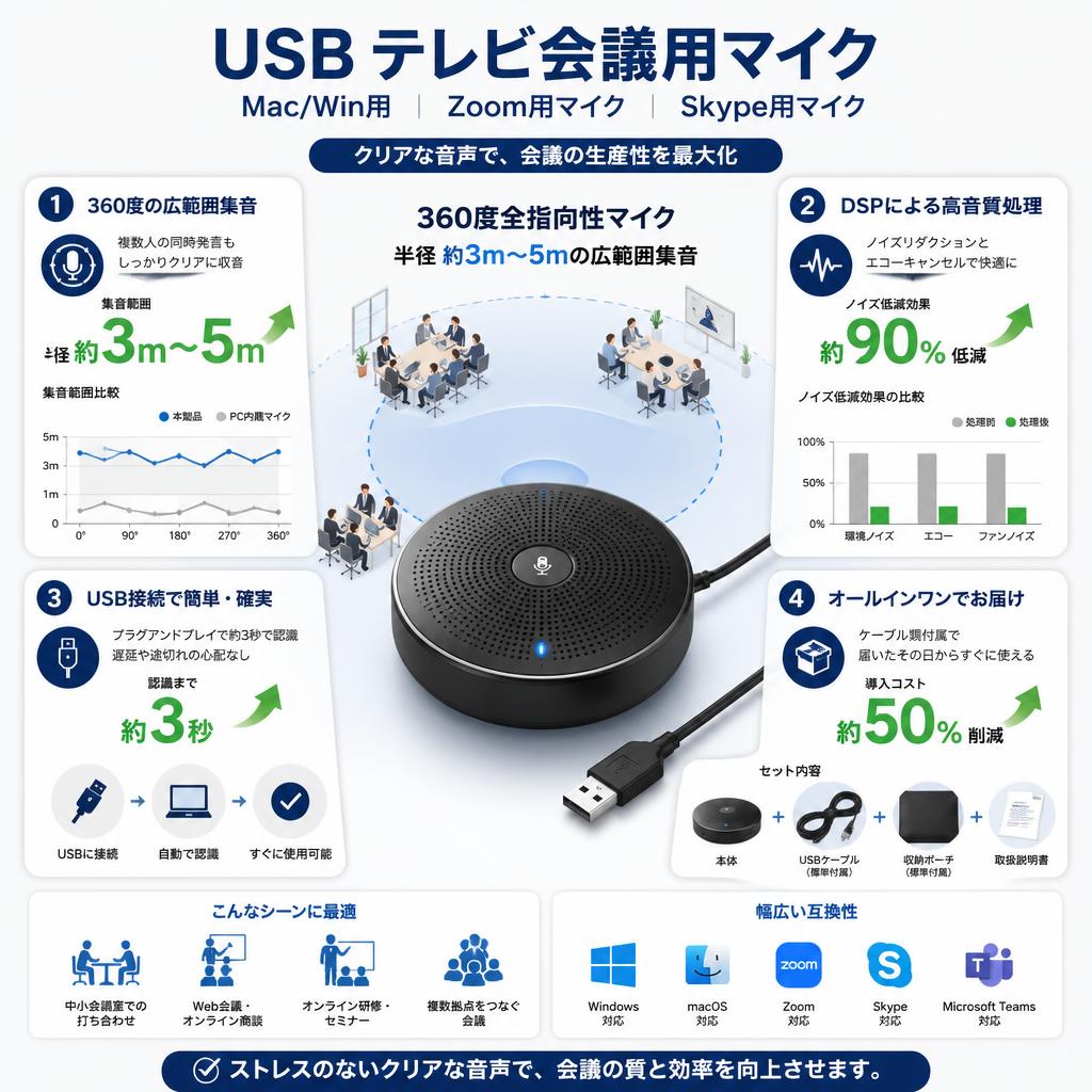 USB テレビ会議用マイク（Mac/Win用）Zoom用マイク Skype用マイク セールスポイント