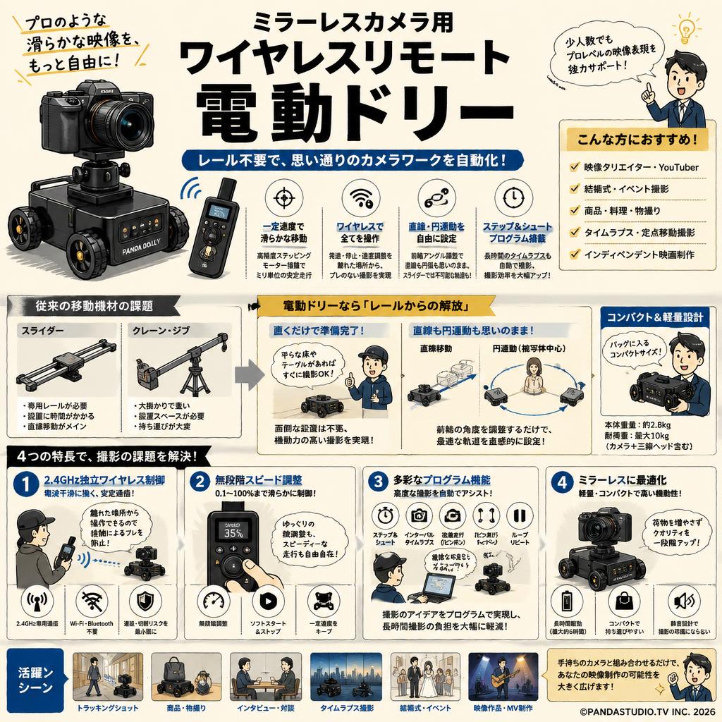 ミラーレスカメラ用 ワイヤレスリモート 電動ドリー 概要