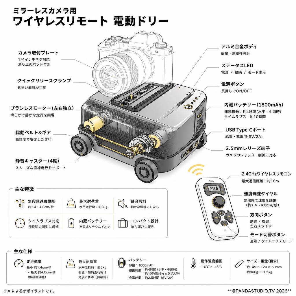 ミラーレスカメラ用 ワイヤレスリモート 電動ドリー スペック