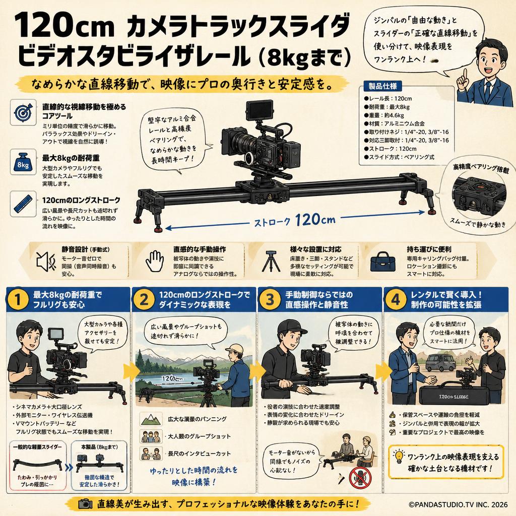 120cm カメラトラックスライダビデオスタビライザレール　（8 kgまで） 概要