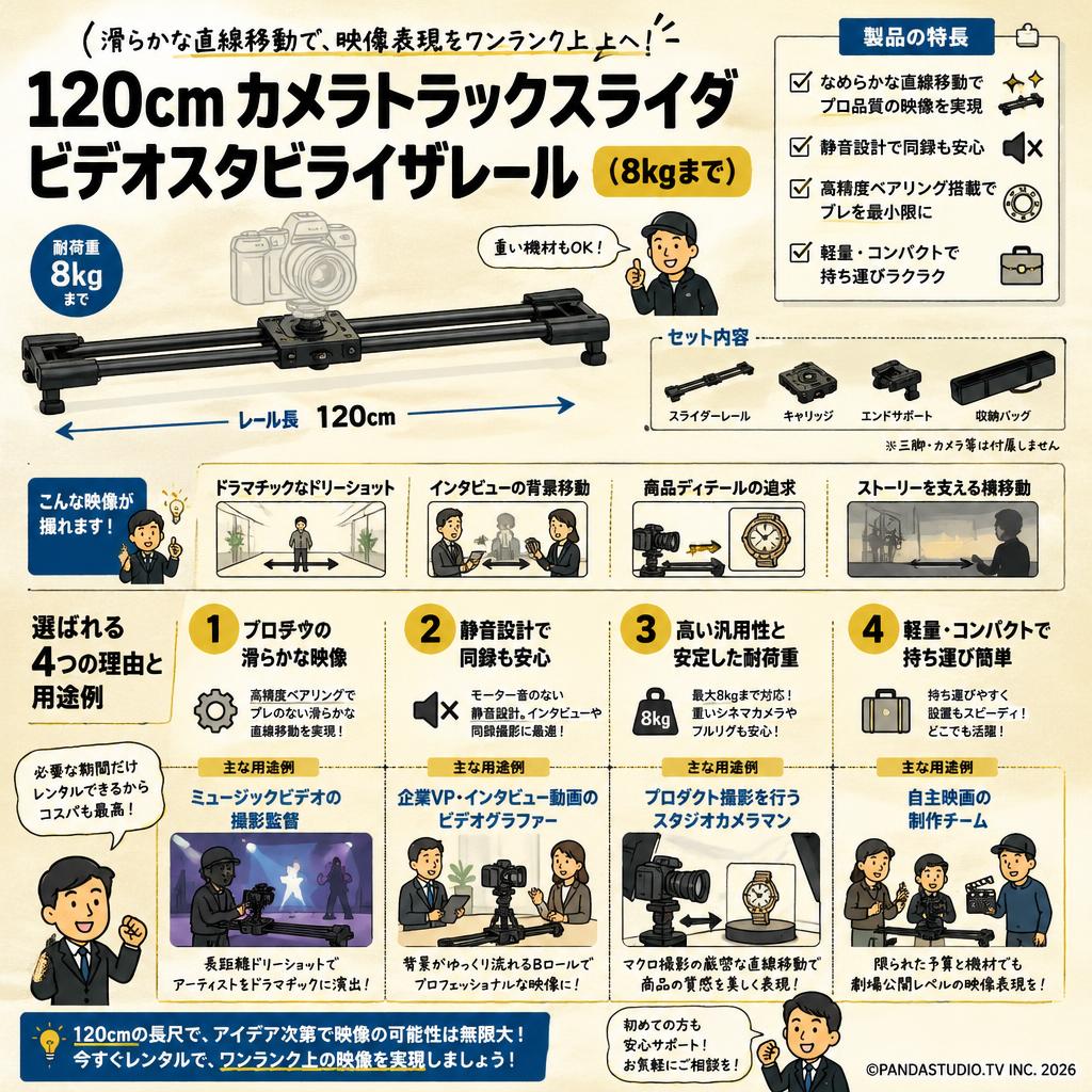 120cm カメラトラックスライダビデオスタビライザレール　（8 kgまで） おもな対象のお客様