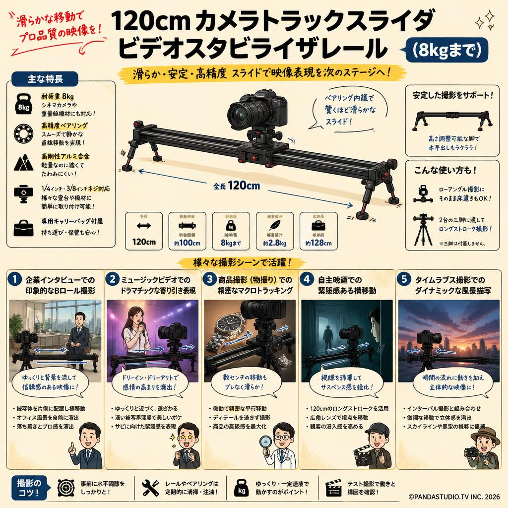 120cm カメラトラックスライダビデオスタビライザレール　（8 kgまで） 用途