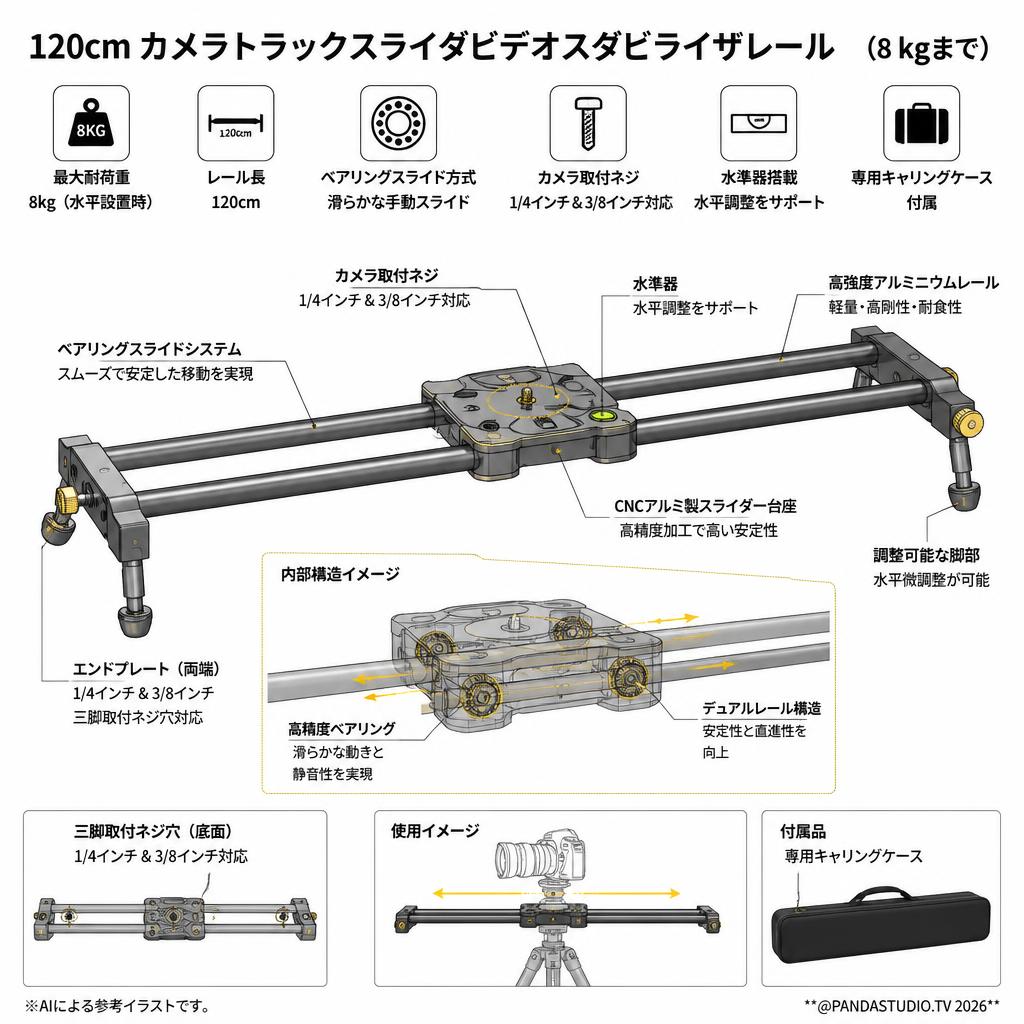 120cm カメラトラックスライダビデオスタビライザレール　（8 kgまで） スペック
