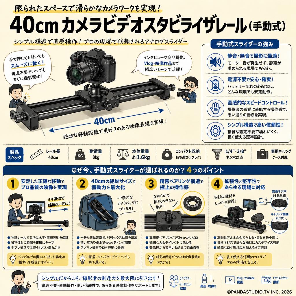40cm カメラビデオスタビライザレール（手動式） 概要