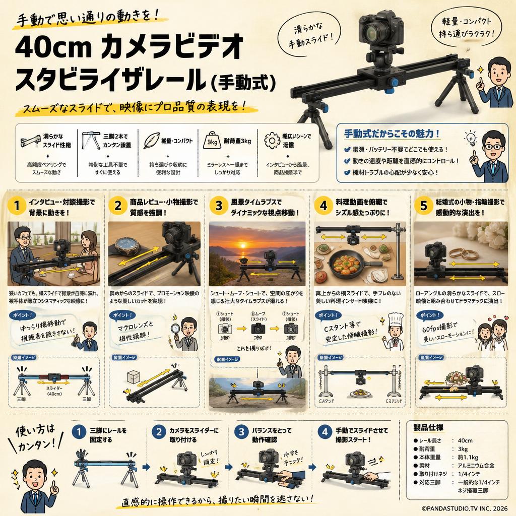 40cm カメラビデオスタビライザレール（手動式） 用途