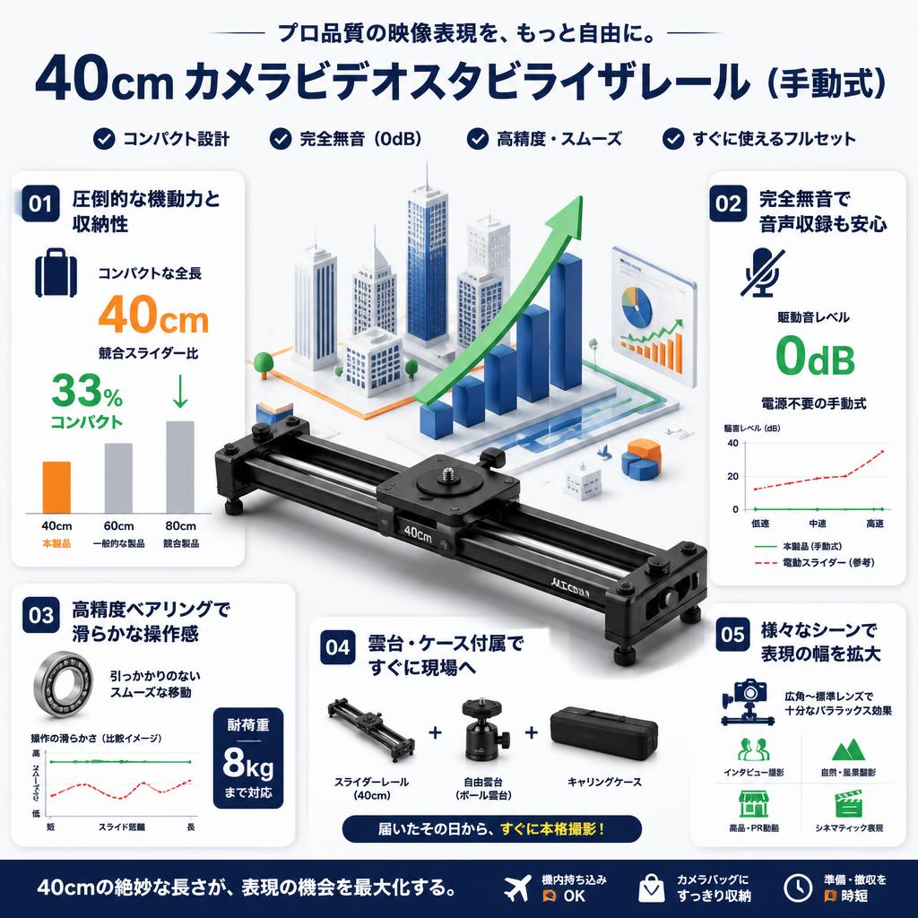 40cm カメラビデオスタビライザレール（手動式） セールスポイント