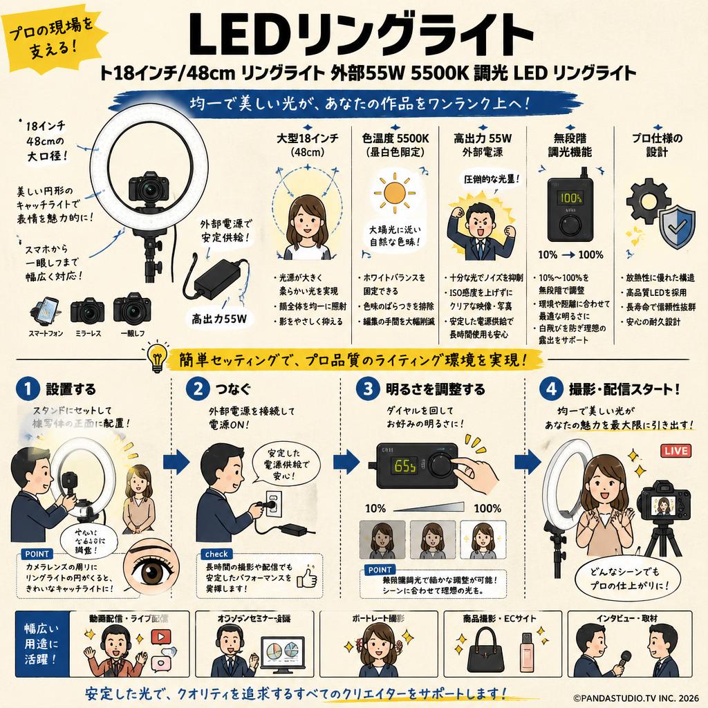 LEDリングライト ト18インチ/48cm リングライト 外部55W 5500K 調光 LED リングライト 概要