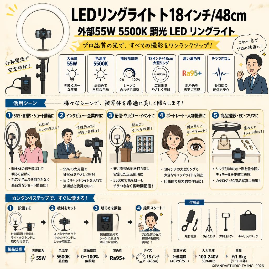 LEDリングライト ト18インチ/48cm リングライト 外部55W 5500K 調光 LED リングライト 用途
