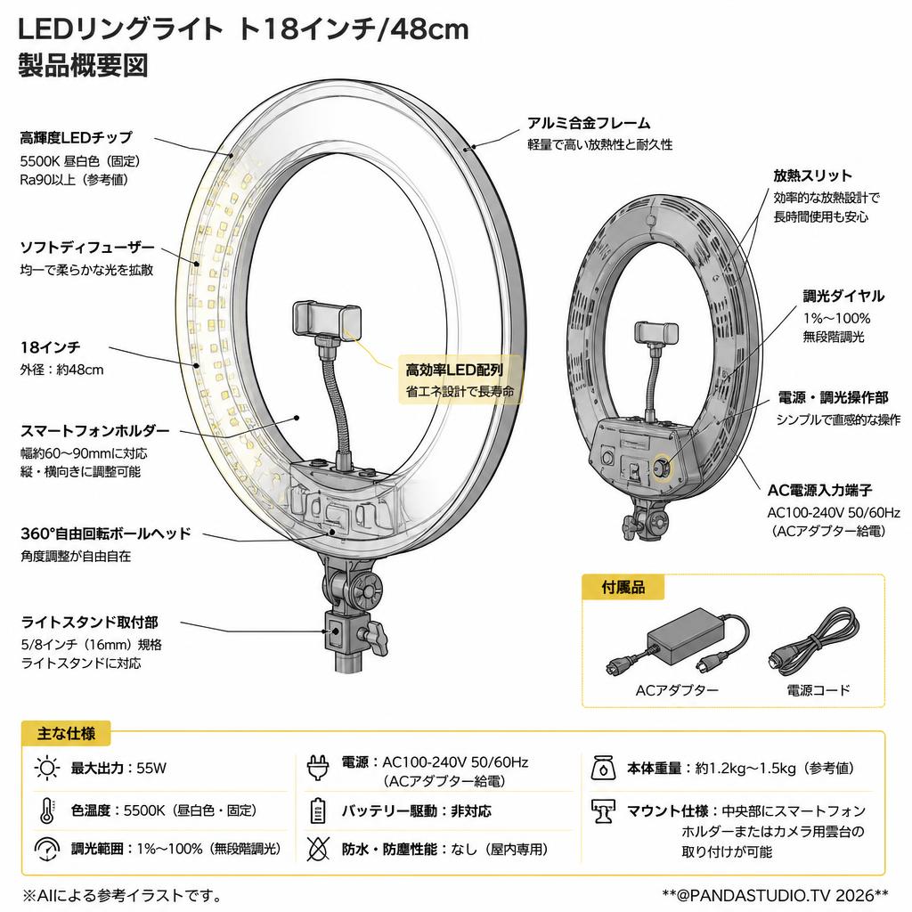 LEDリングライト ト18インチ/48cm リングライト 外部55W 5500K 調光 LED リングライト スペック