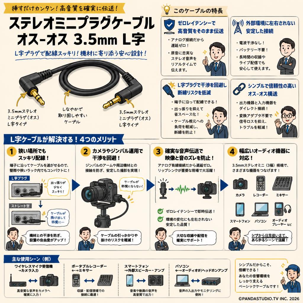 ステレオミニプラグケーブル  オスｰオス  3.5mm  L字 概要