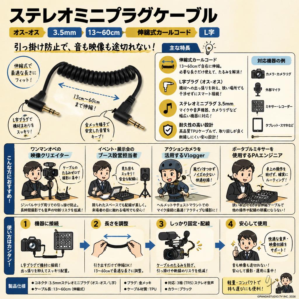 ステレオミニプラグケーブル  オスｰオス  3.5mm 13〜60cm 伸縮式カールコード L字 おもな対象のお客様