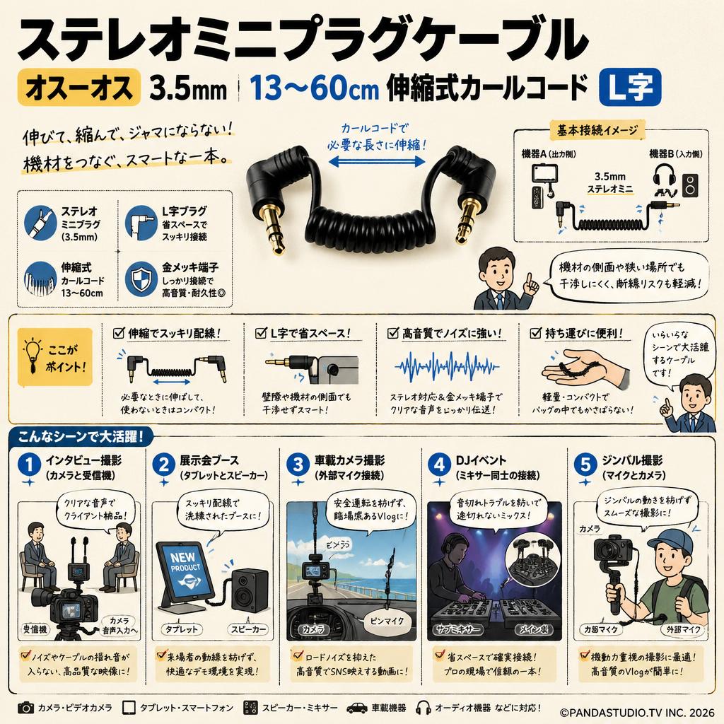 ステレオミニプラグケーブル  オスｰオス  3.5mm 13〜60cm 伸縮式カールコード L字 用途