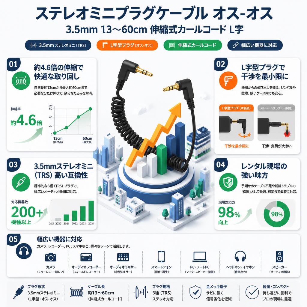 ステレオミニプラグケーブル  オスｰオス  3.5mm 13〜60cm 伸縮式カールコード L字 セールスポイント