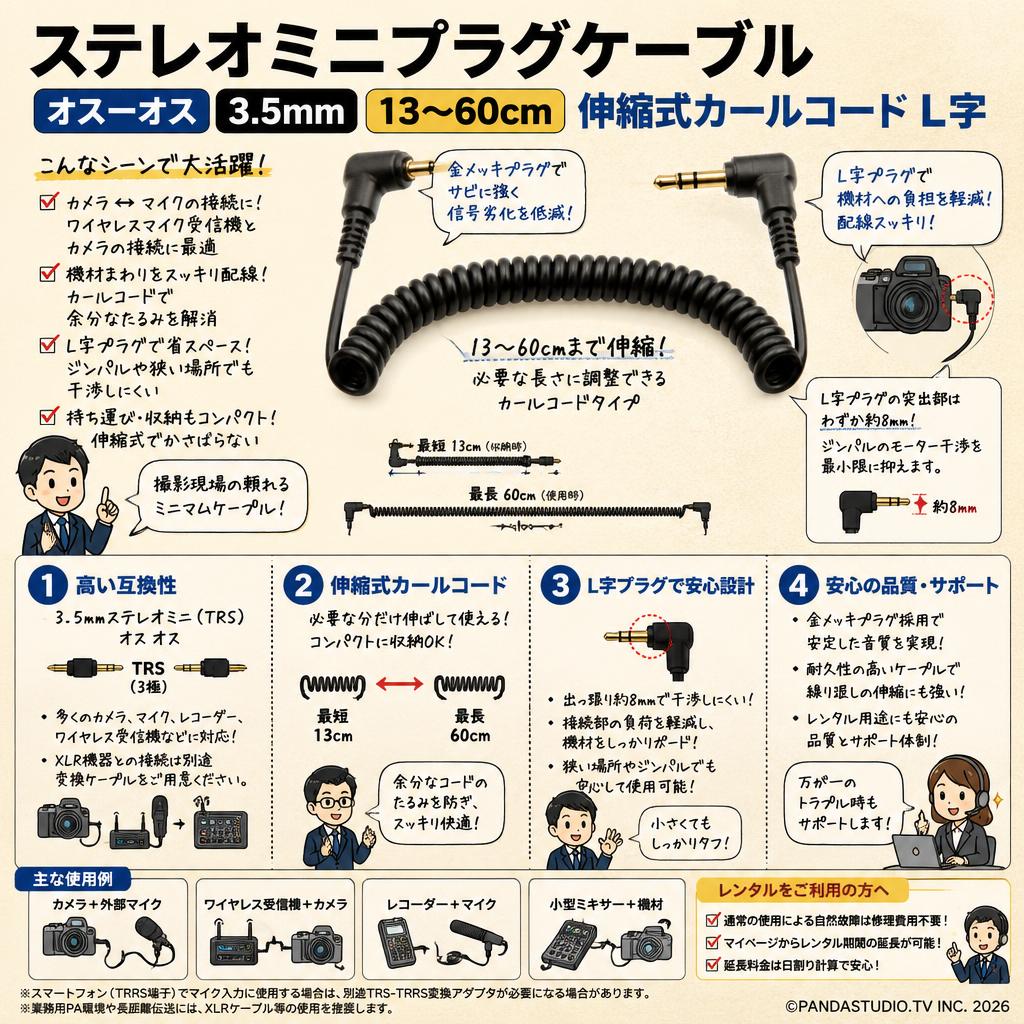 ステレオミニプラグケーブル  オスｰオス  3.5mm 13〜60cm 伸縮式カールコード L字 FAQ（よくある質問と答え）