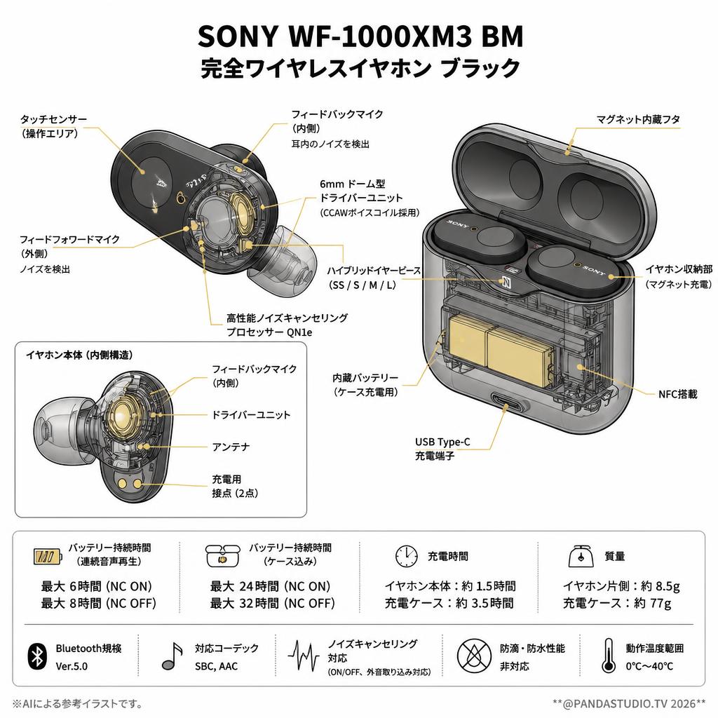 SONY WF-1000XM3 BM 完全ワイヤレスイヤホン ブラック スペック