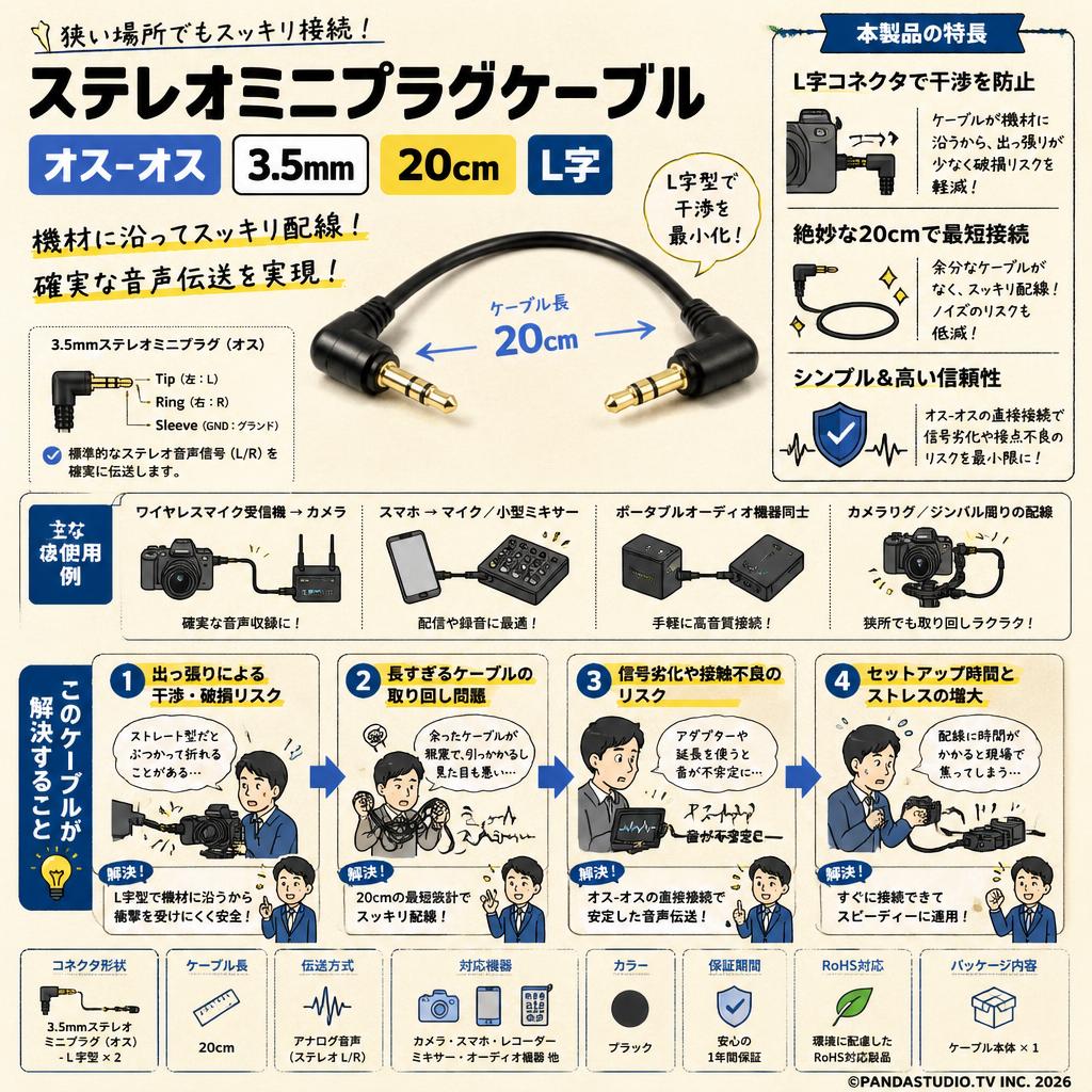 ステレオミニプラグケーブル  オスｰオス  3.5mm 20cm L字 概要
