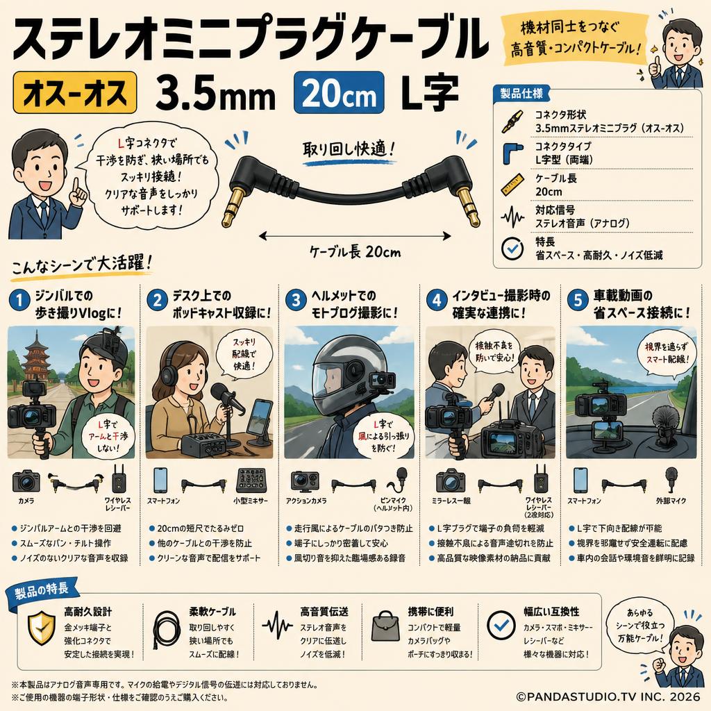 ステレオミニプラグケーブル  オスｰオス  3.5mm 20cm L字 用途