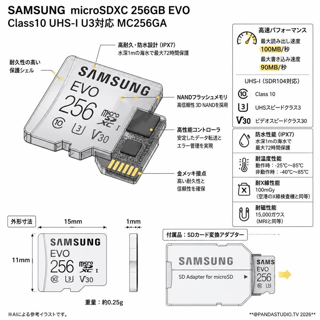 SAMSUNG  microSDXC 256GB EVO  Class10 UHS-I U3対応 MC256GA スペック